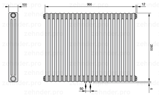 Схема (чертеж) Радиатор Zehnder Charleston 3280/21 №5410 Белый глянцевый RAL 9016